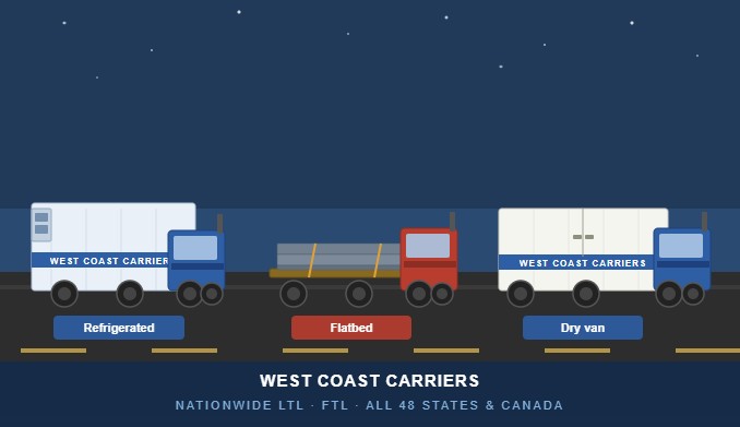 full truckload LTL carrier refrigerated flatbed dry van trucks West Coast Carriers
