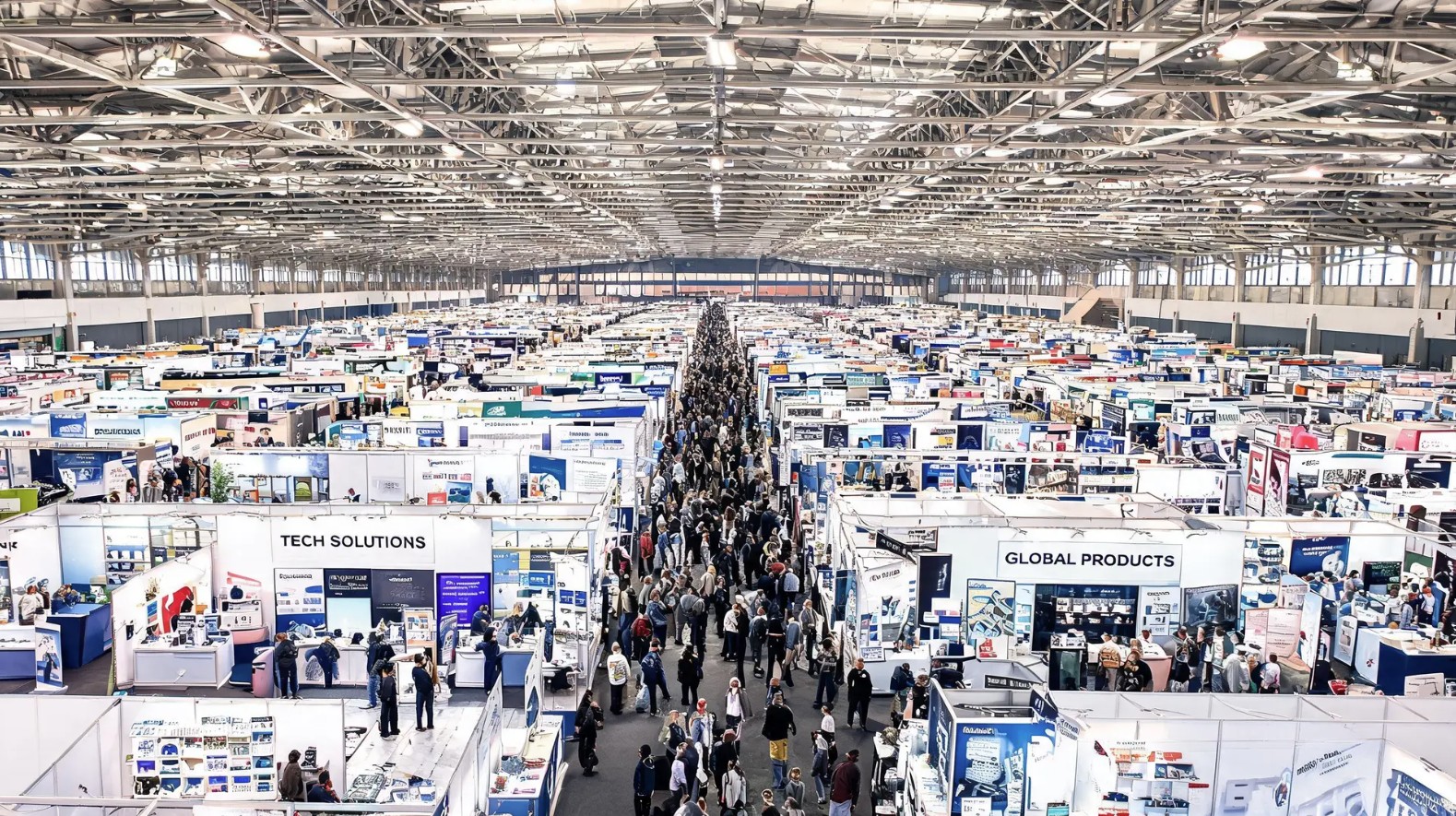Trade show freight transportation — aerial view of large indoor convention exhibit floor